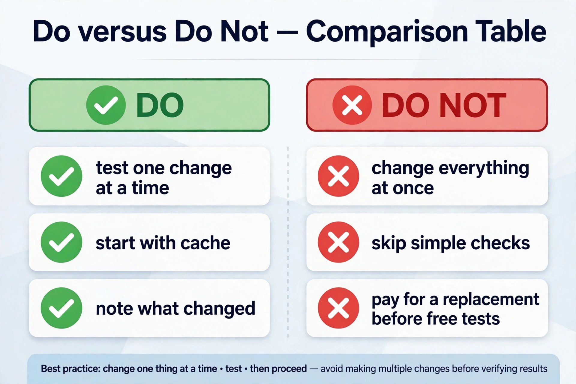 Do versus do-not table for Instagram troubleshooting