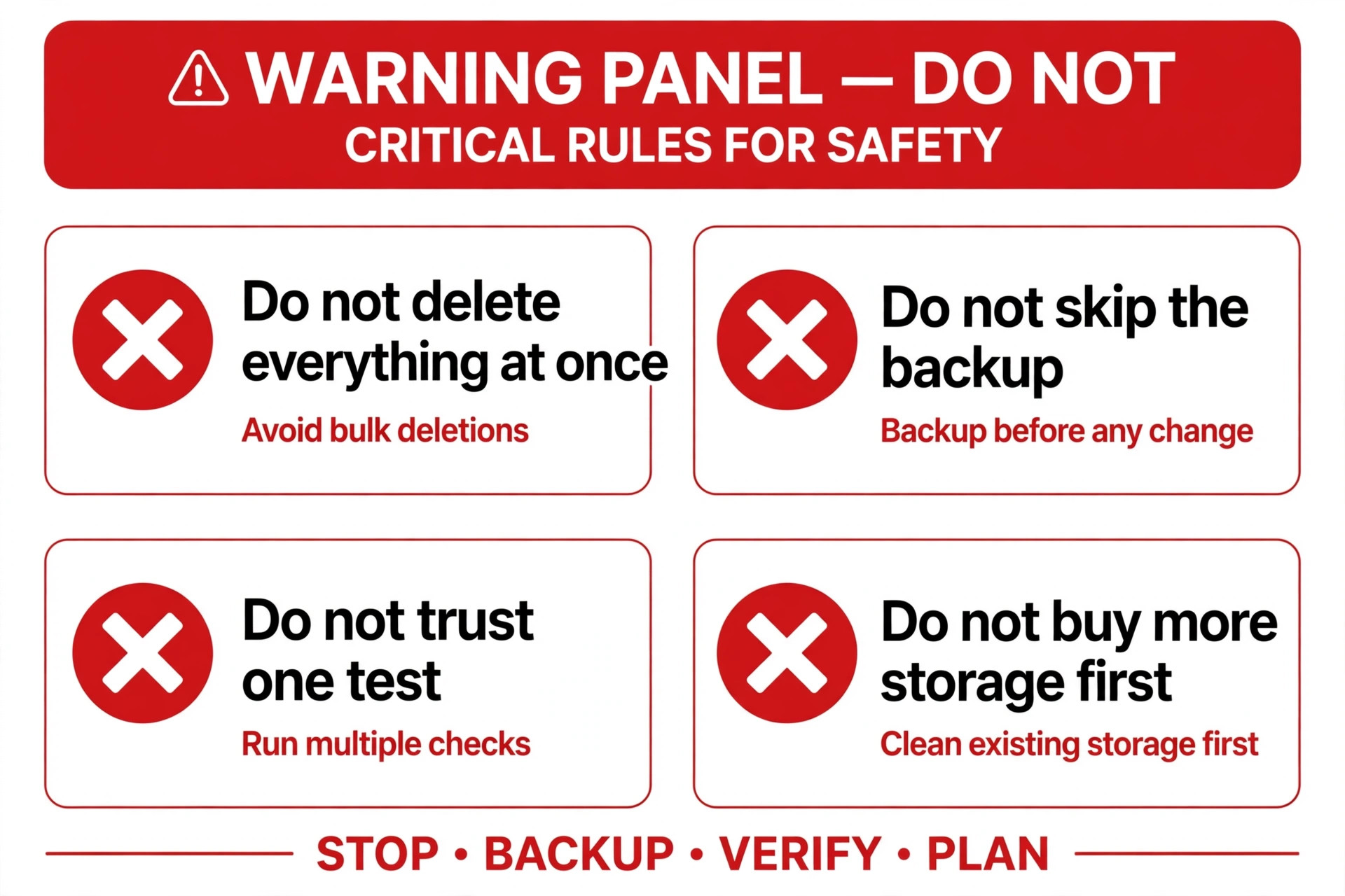 Four red warning cards listing storage mistakes to avoid