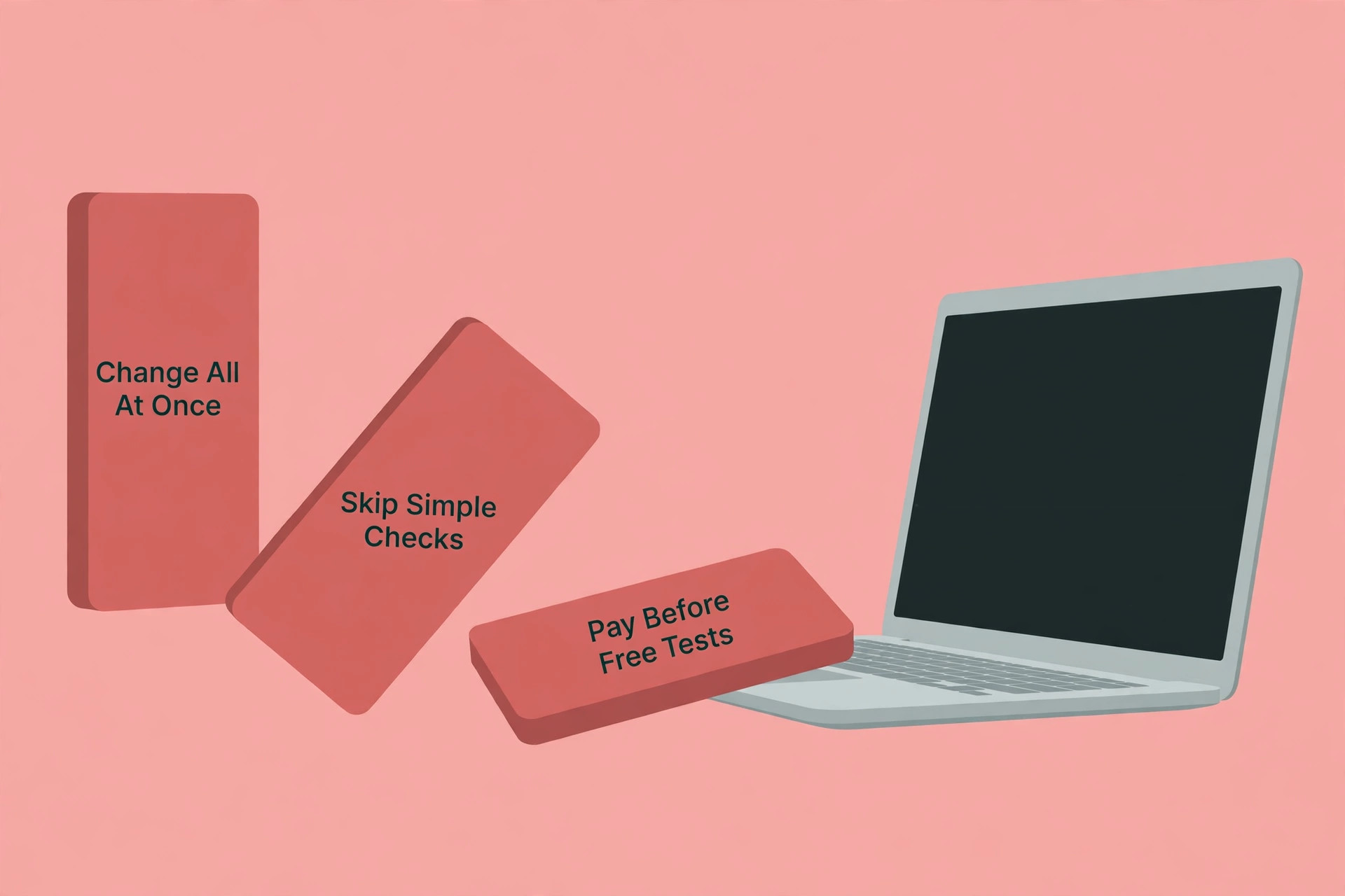 Falling dominoes labelled with changing everything at once, skipping simple checks and paying before free tests