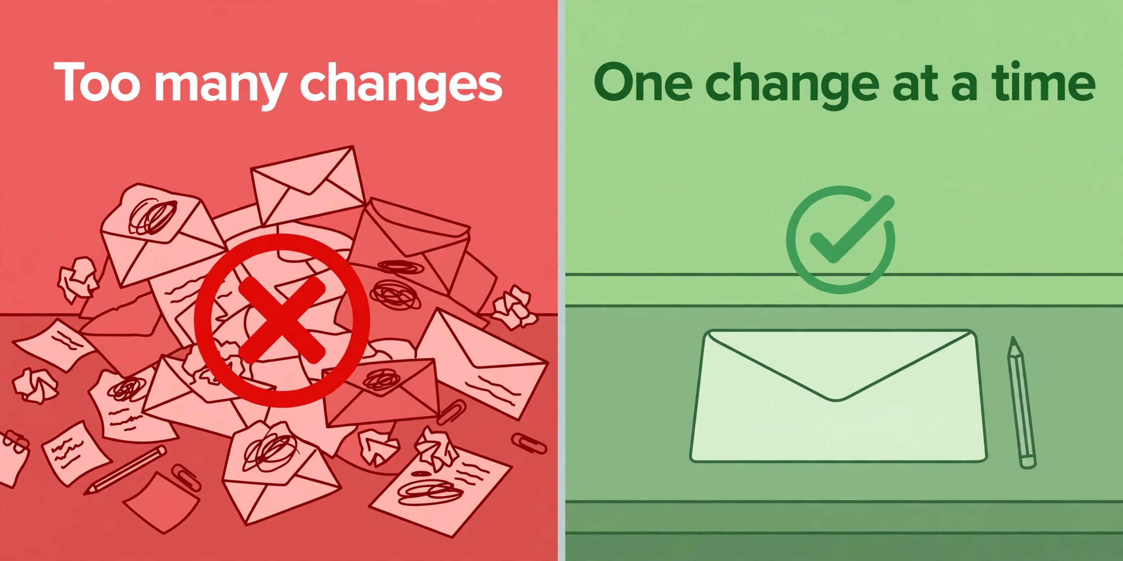 Messy pile of envelopes crossed out beside a single clean envelope, labelled too many changes versus one change at a time