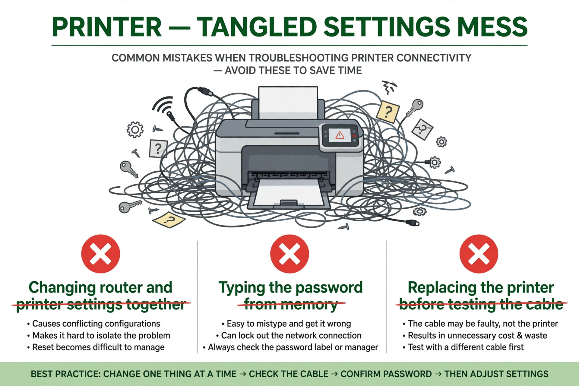 Printer tangled in cables with three crossed-out troubleshooting mistakes