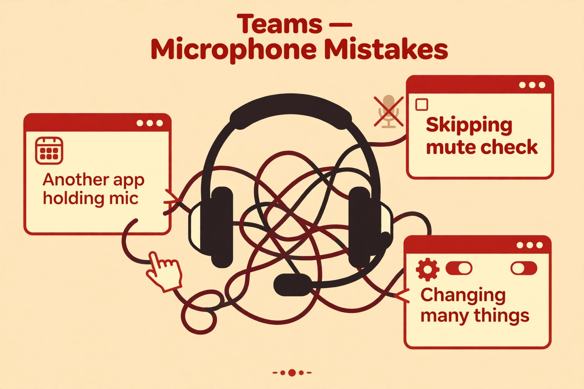 Tangled headset with app windows for another app holding the mic, skipping the mute check and changing many things