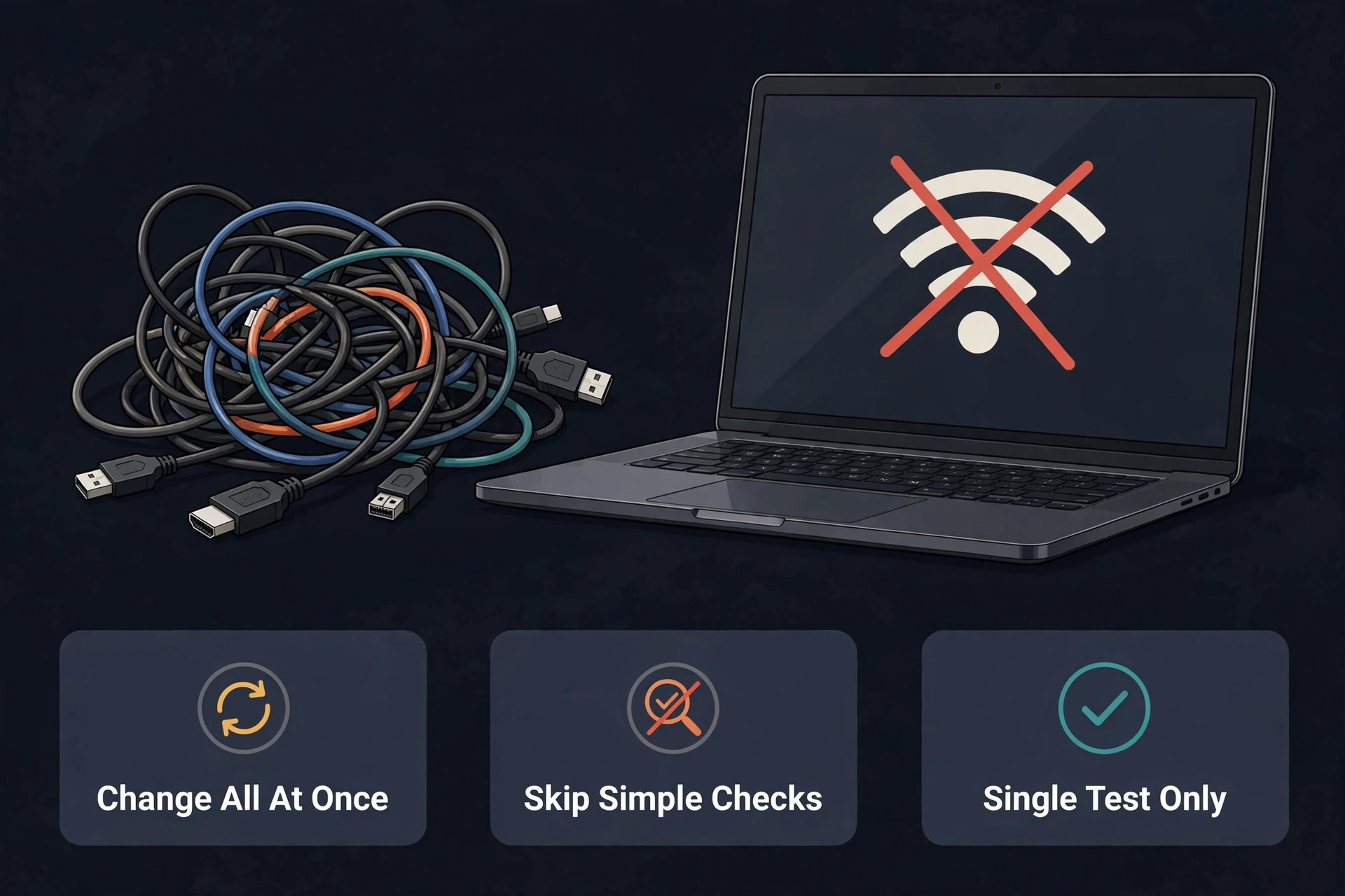 Tangled cables beside a laptop with a crossed-out Wi-Fi symbol