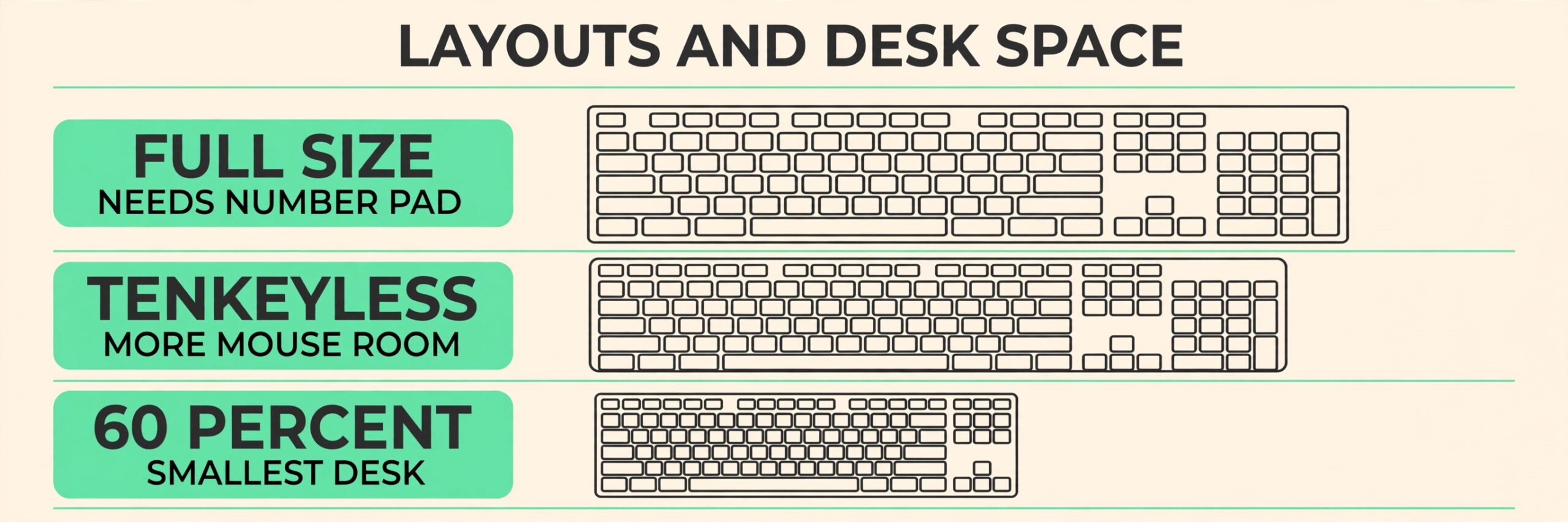 Chart comparing keyboard layouts by desk space and mouse room