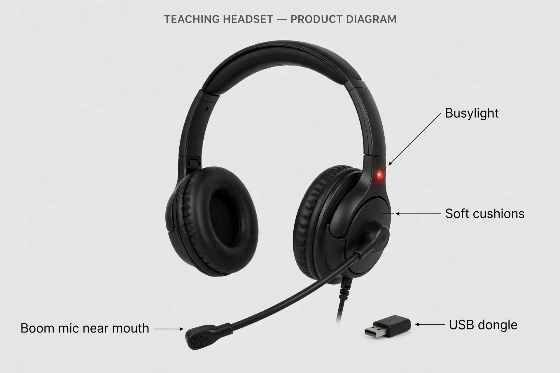 Annotated headset showing boom position, busylight and dongle for online teaching