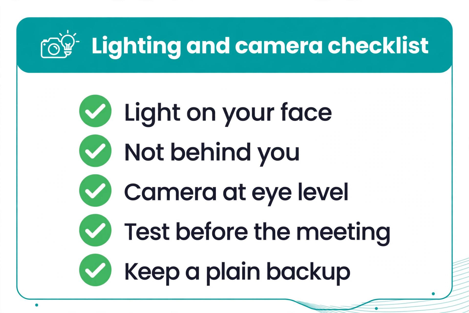 Checklist for lighting and camera setup for video calls