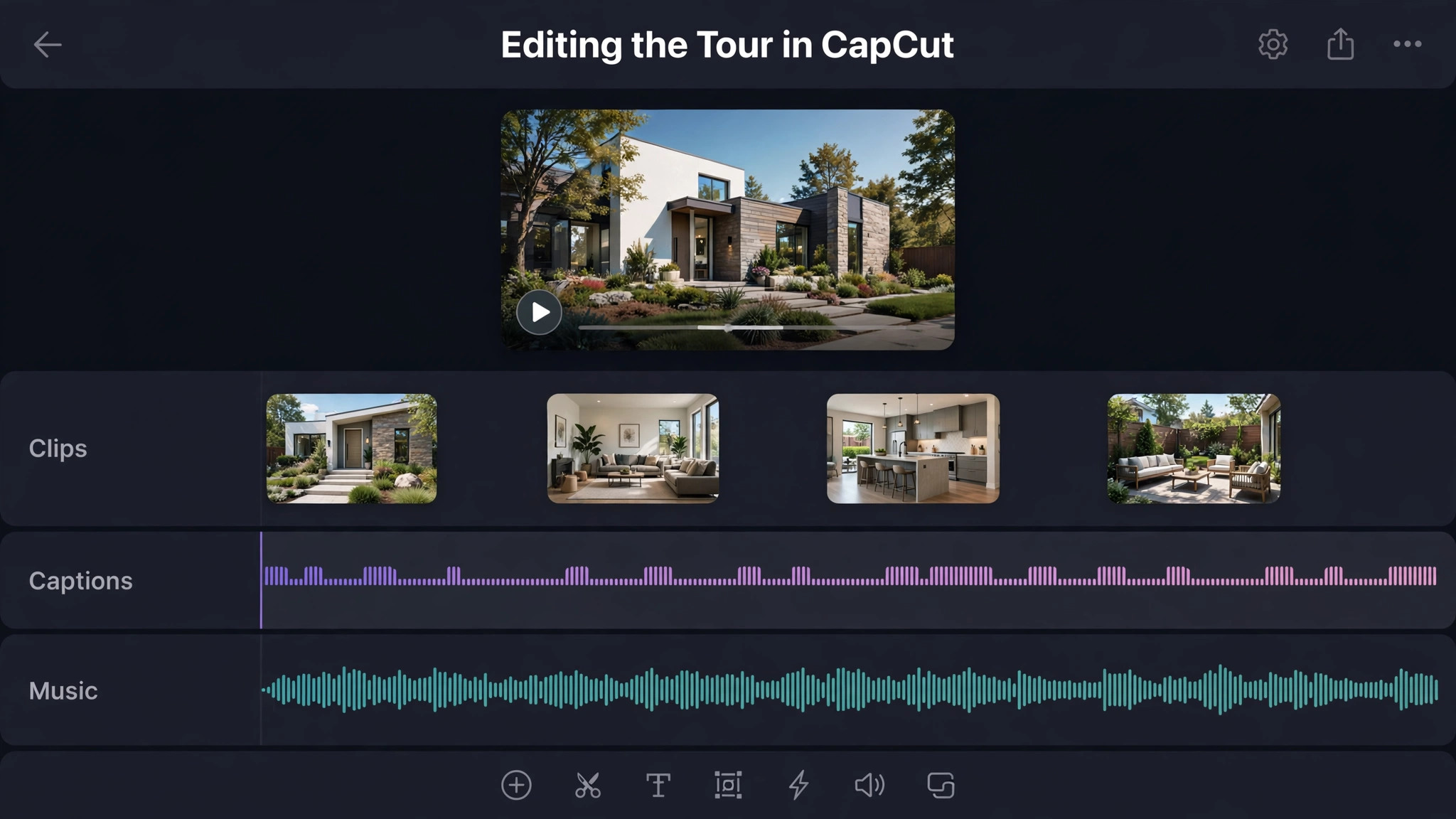 CapCut editor showing tour clips and captions