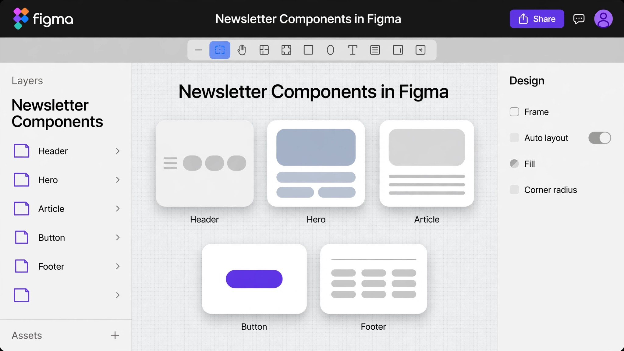 Figma file showing newsletter components