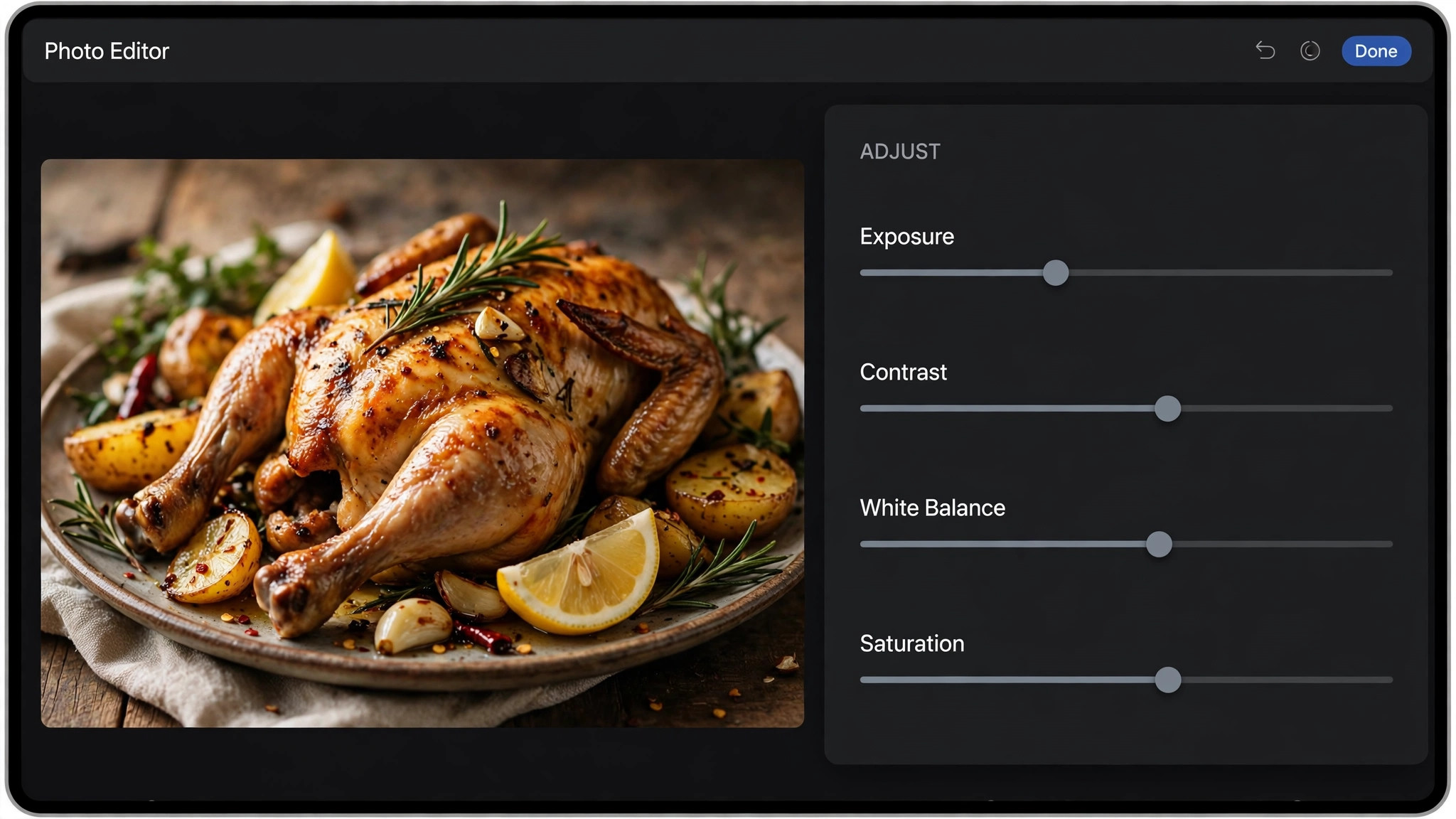 Lightroom editor showing food preset sliders