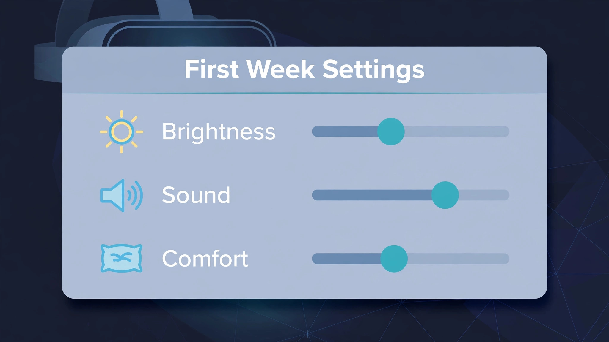 Headset settings mockup showing brightness, sound and comfort controls