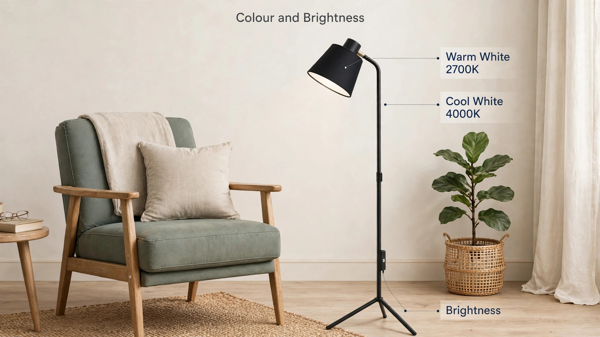 Annotated lamp view with colour temperature and brightness controls labelled