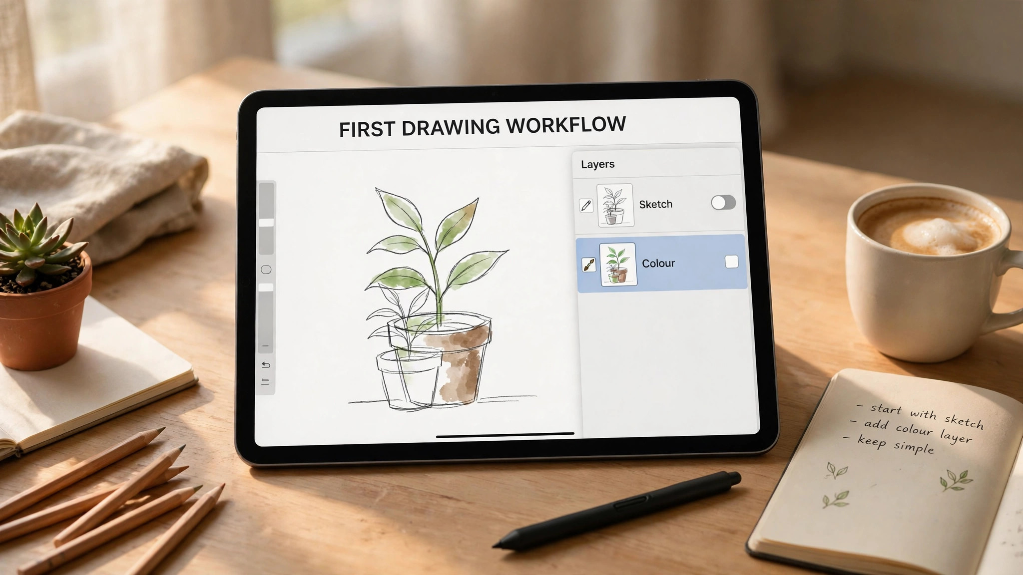 iPad mockup showing a first drawing workflow with sketch and colour layers