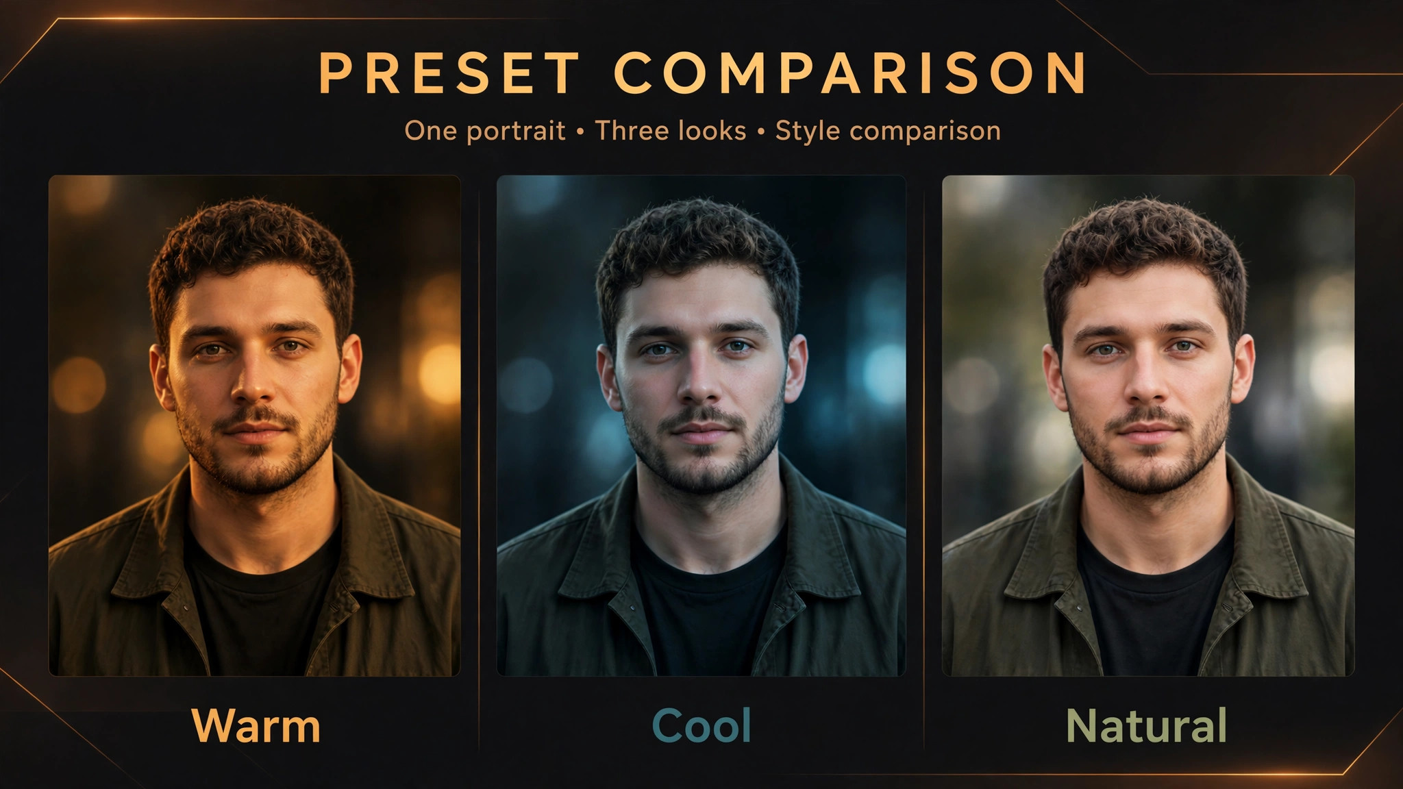 Same portrait with different preset looks compared