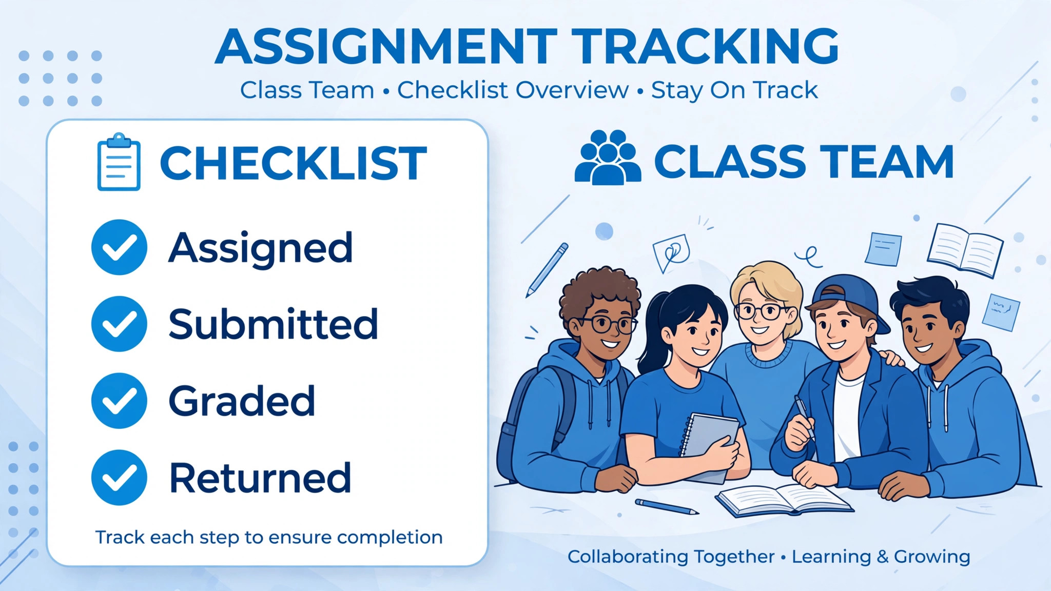 Assignment tracking checklist beside a class team