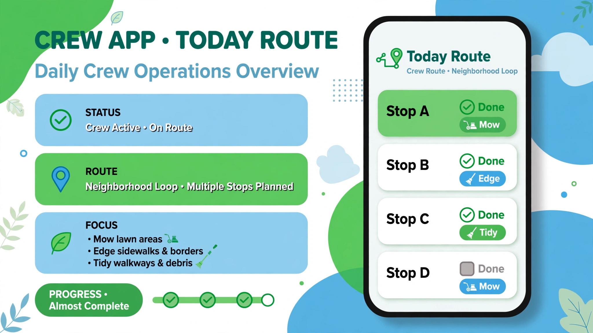 Crew app mockup showing optimized route stops for the day