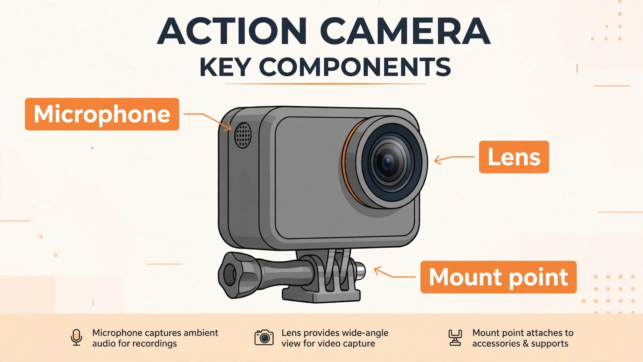 Annotated GoPro showing microphone lens and mount points