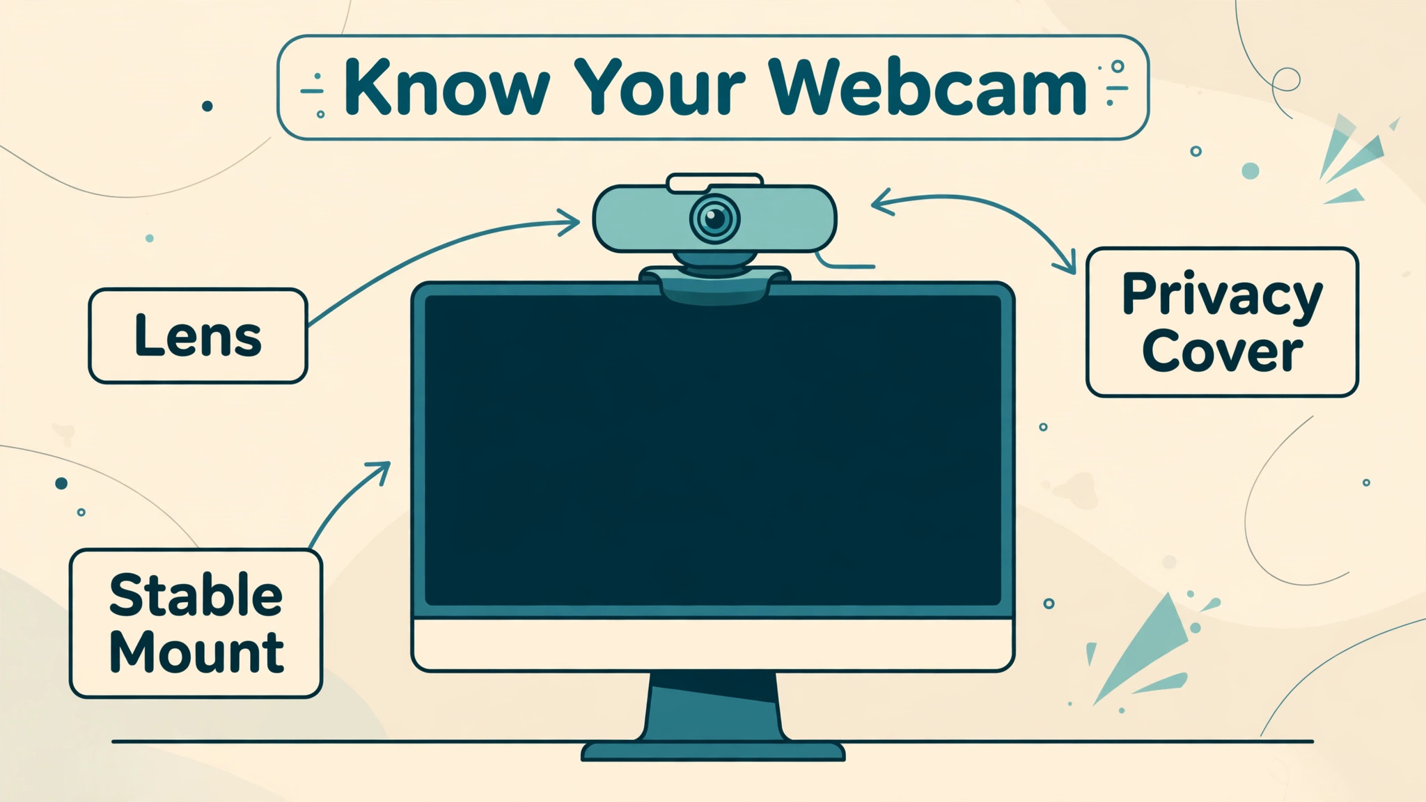 Annotated webcam showing lens mount and privacy cover