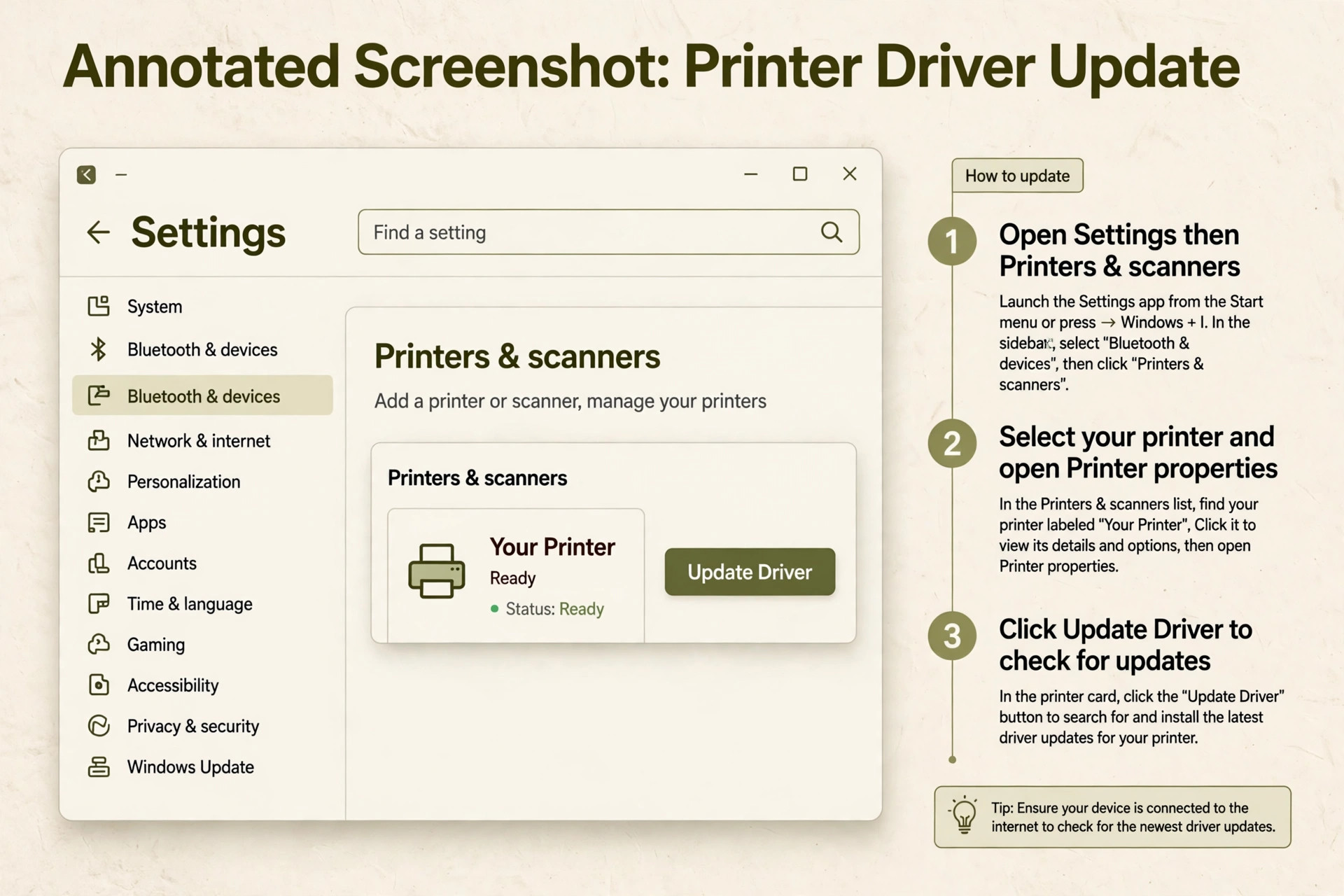 Annotated printer driver update screen
