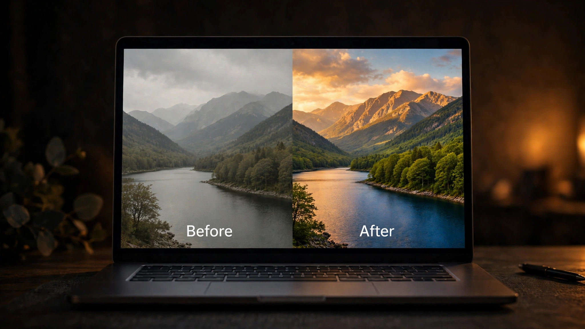 Before and after photo edit on a 4K OLED laptop
