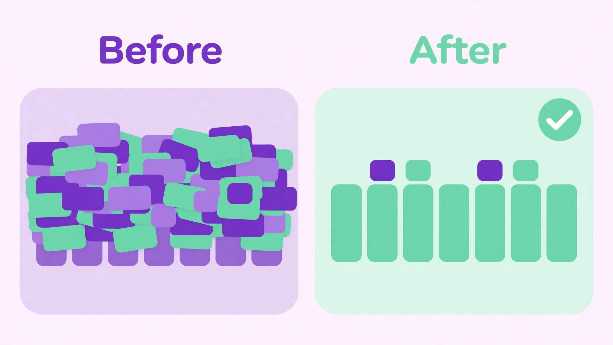 Before and after comparison of an overcrowded week of overlapping blocks beside a balanced week of spaced blocks with a check mark