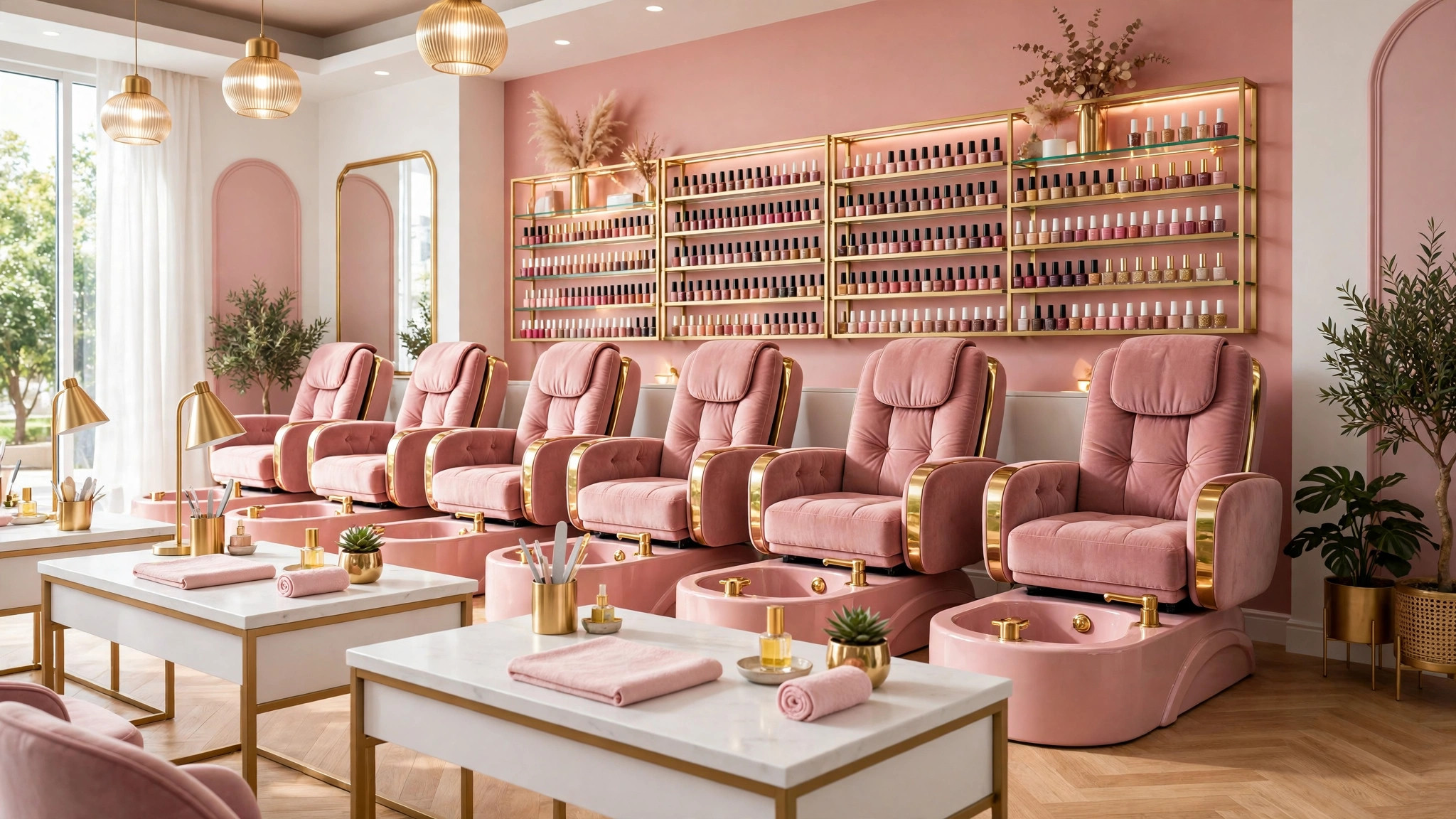 Manicure station mockup with chairs and polish display