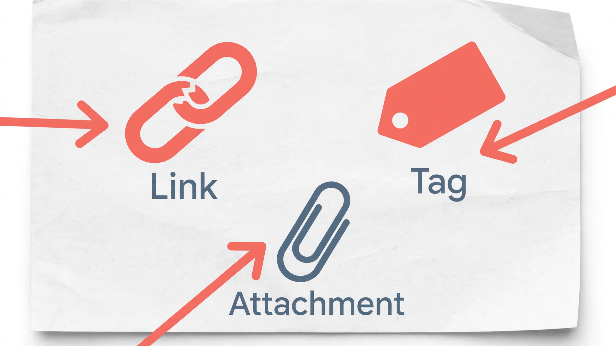 Annotated note page with callouts on a broken link, a tag and an attachment paperclip that need checking after import to Obsidian