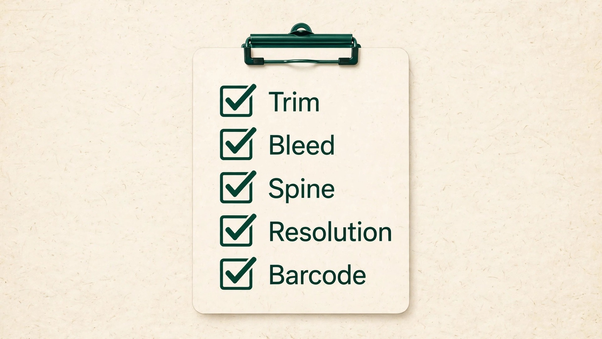 Checklist visual for book cover print specs including trim bleed and spine