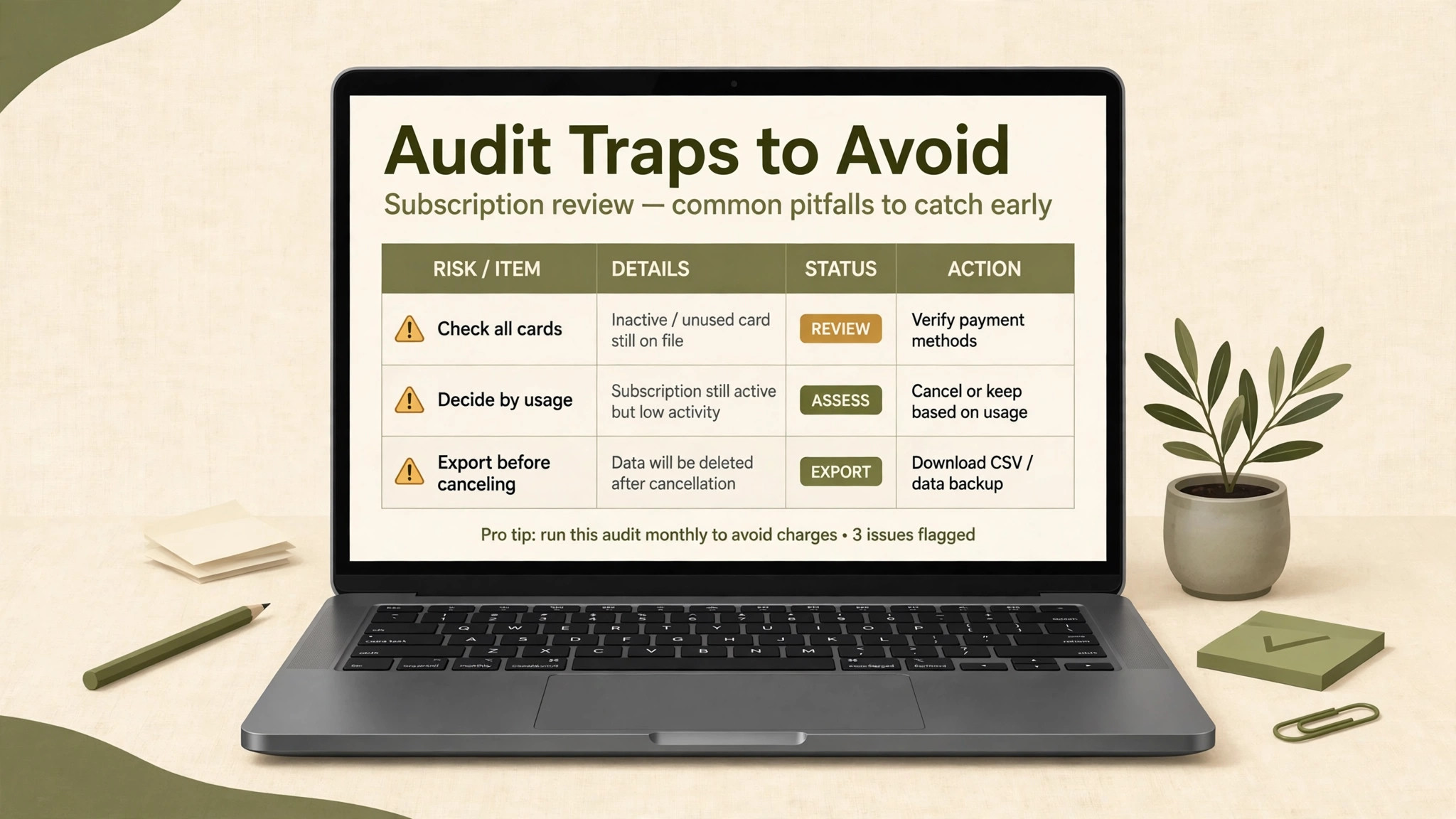 SaaS audit mockup visual for monthly pricing