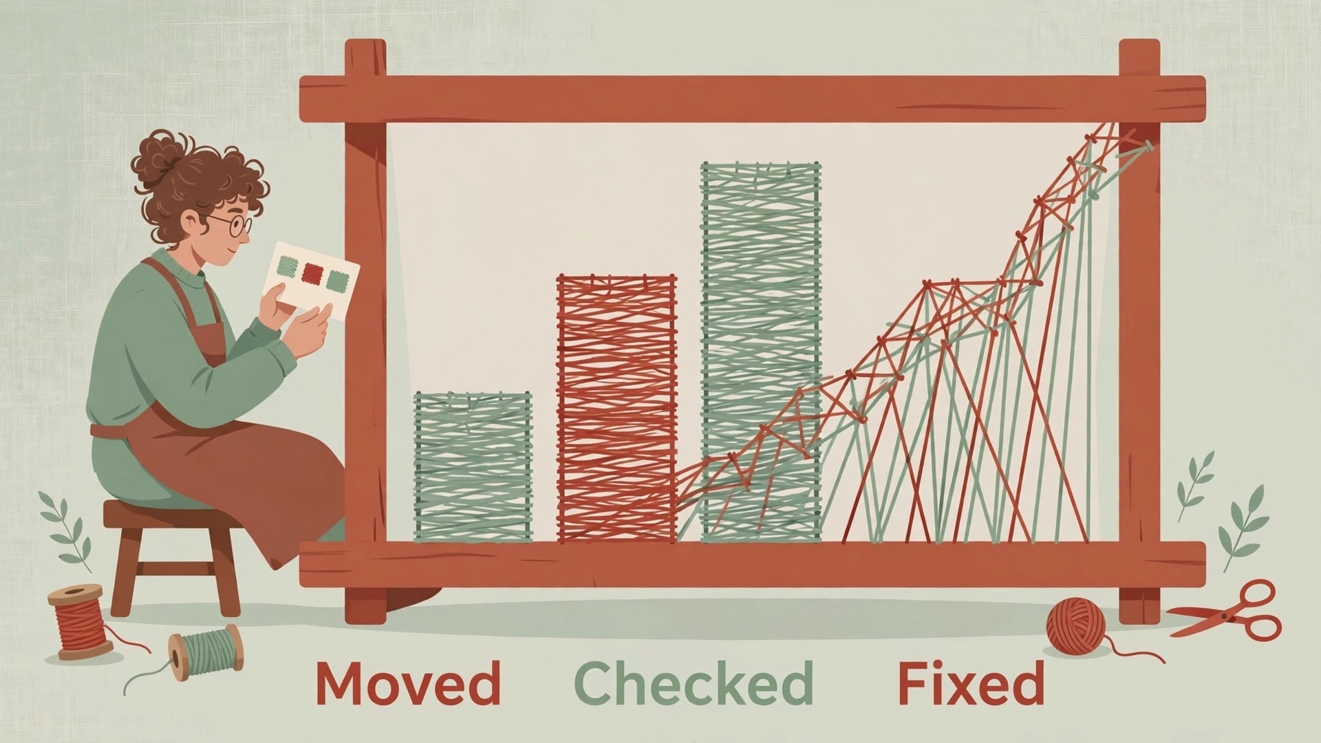 Weaver checking a thread data visual of woven bars and a rising line labelled Moved, Checked and Fixed