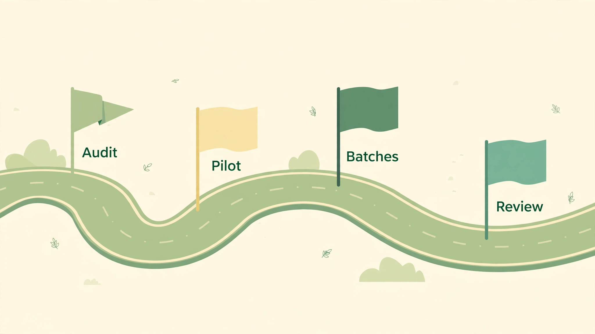 Winding milestone road with flags for audit, pilot, batches and review for running an Airtable to Notion migration plan