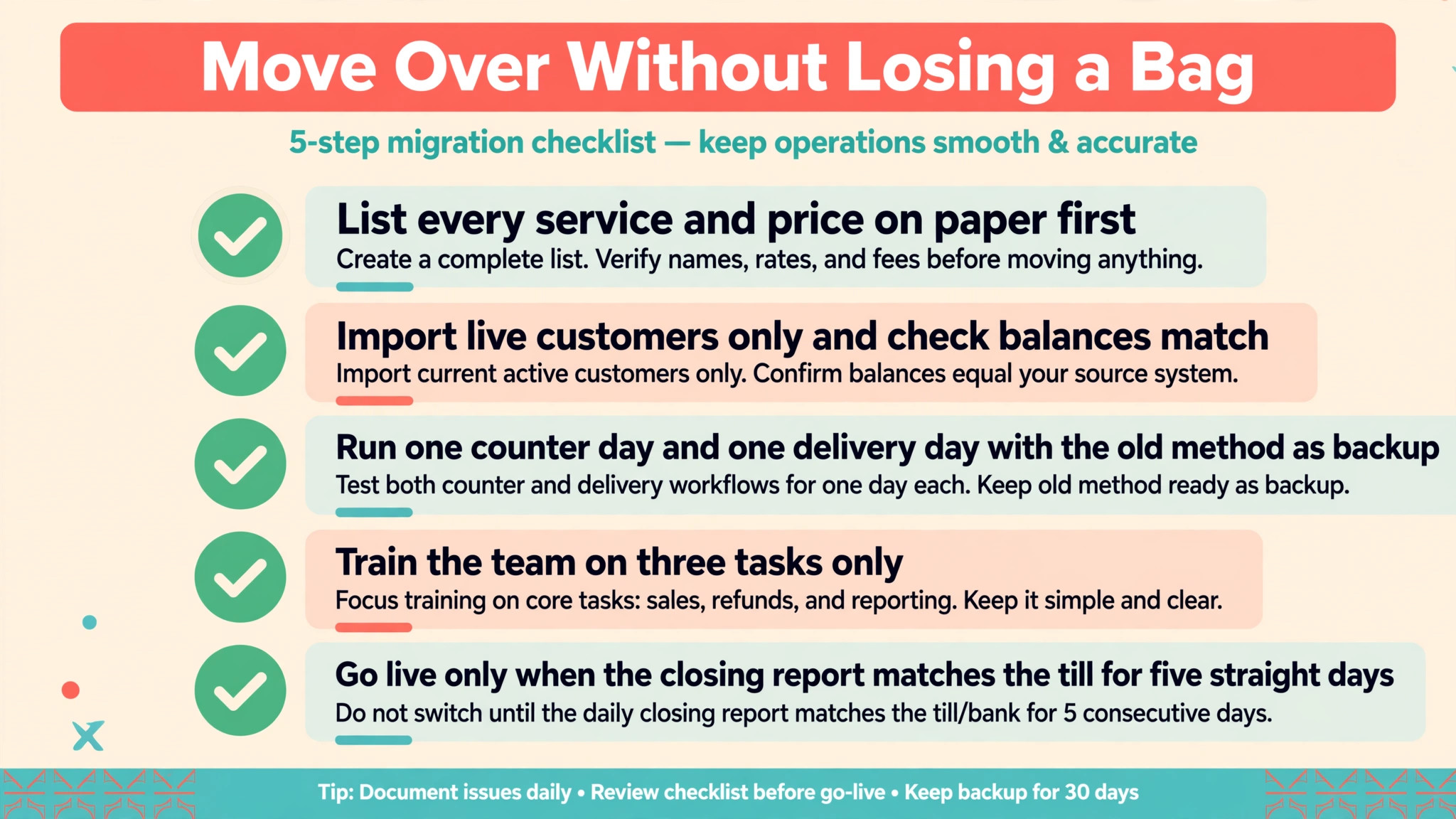 checklist visual for switching laundry systems safely.