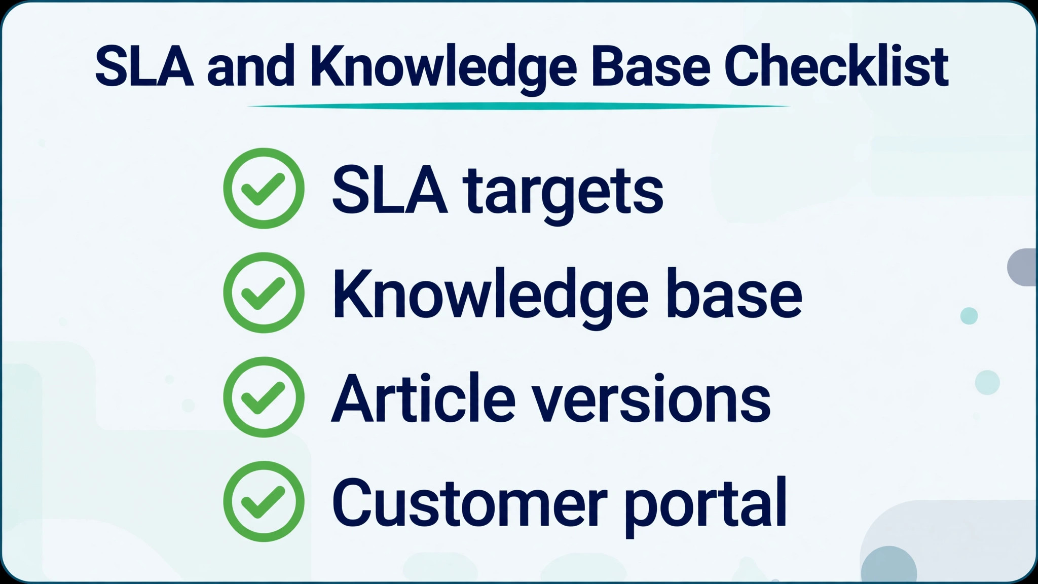 checklist visual for SLA and knowledge base tasks.