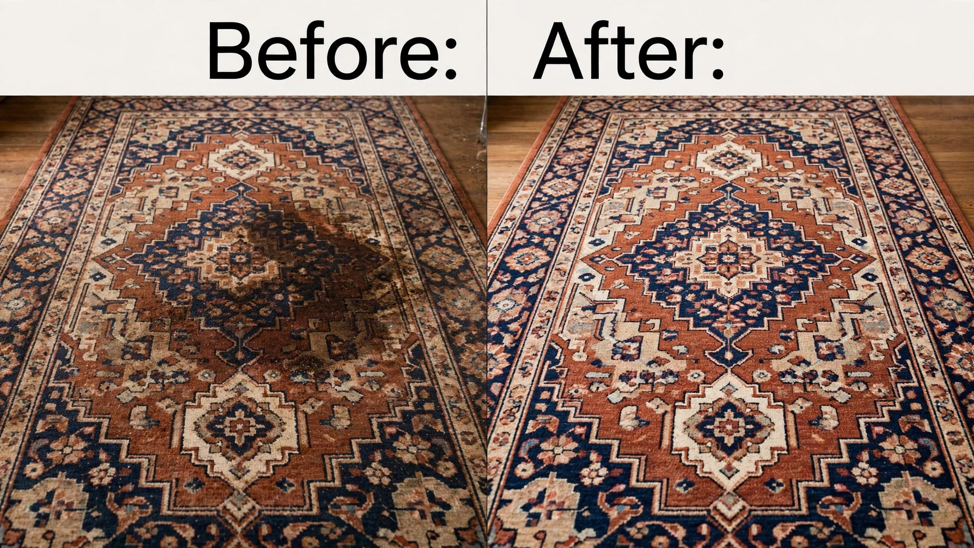 before and after visual for a stained carpet cleaned.
