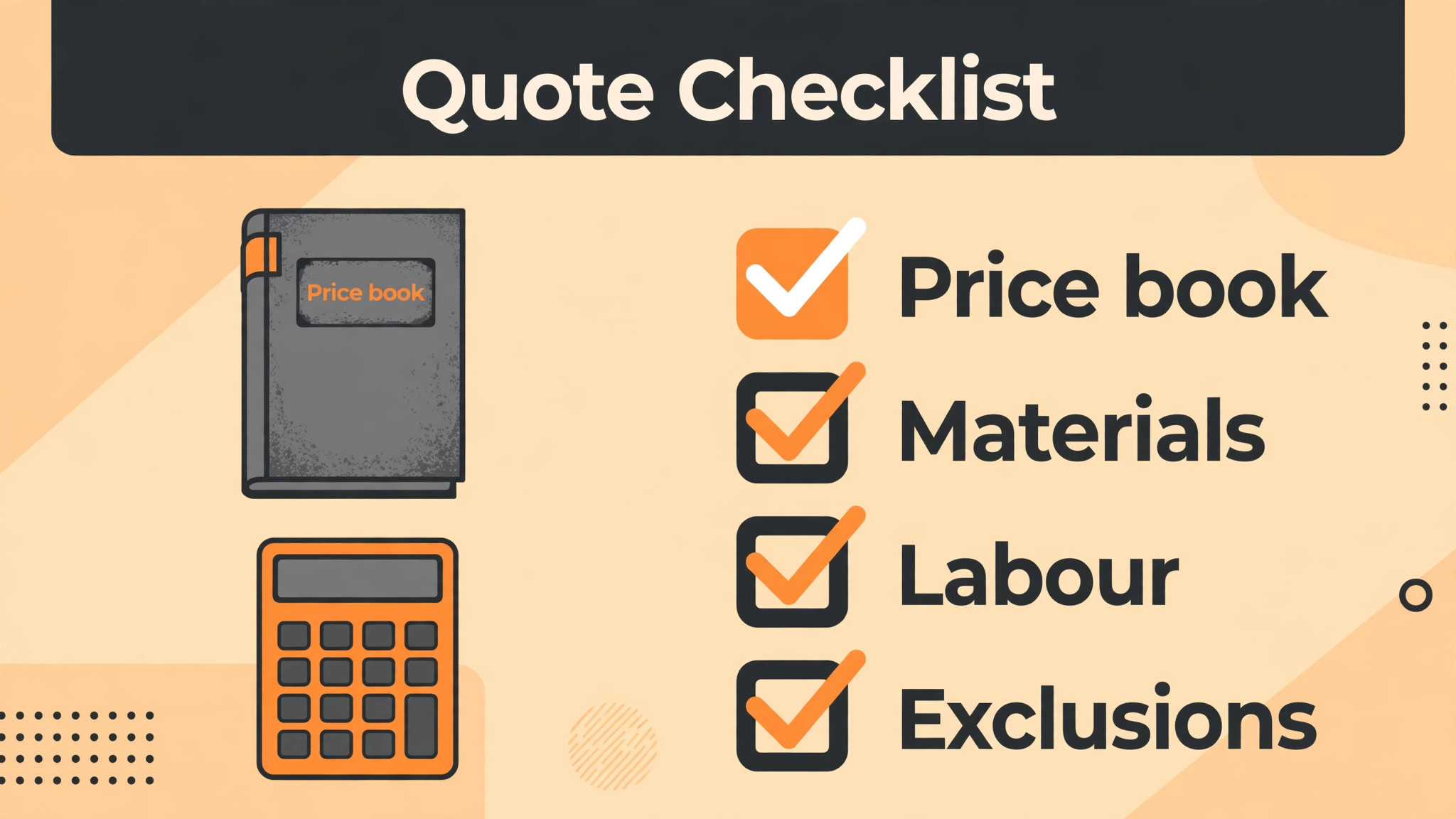 checklist visual for price book materials labour and exclusions.