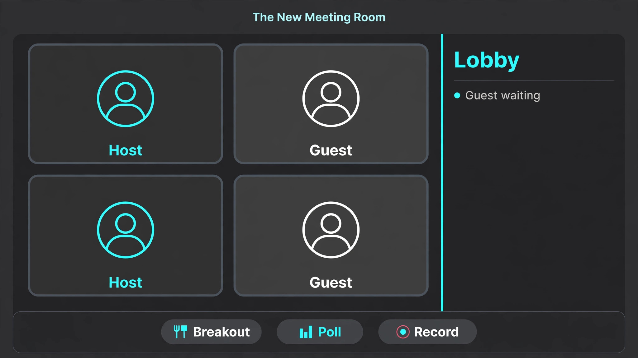 Meeting-room screen mockup with Host and Guest tiles, a Lobby side panel showing a guest waiting, and Breakout, Poll and Record controls (no invented names or meeting ID)