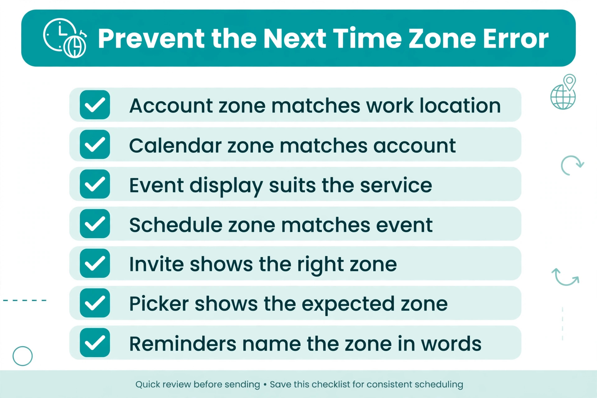 checklist visual for preventing booking time zone errors.