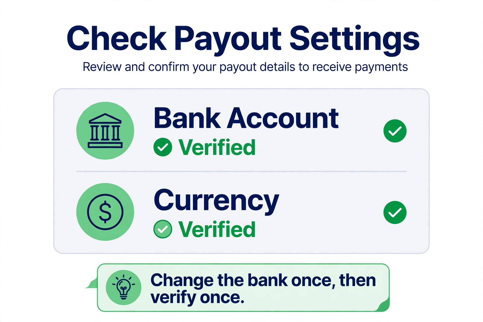 mockup of Stripe payout settings with a bank account check.