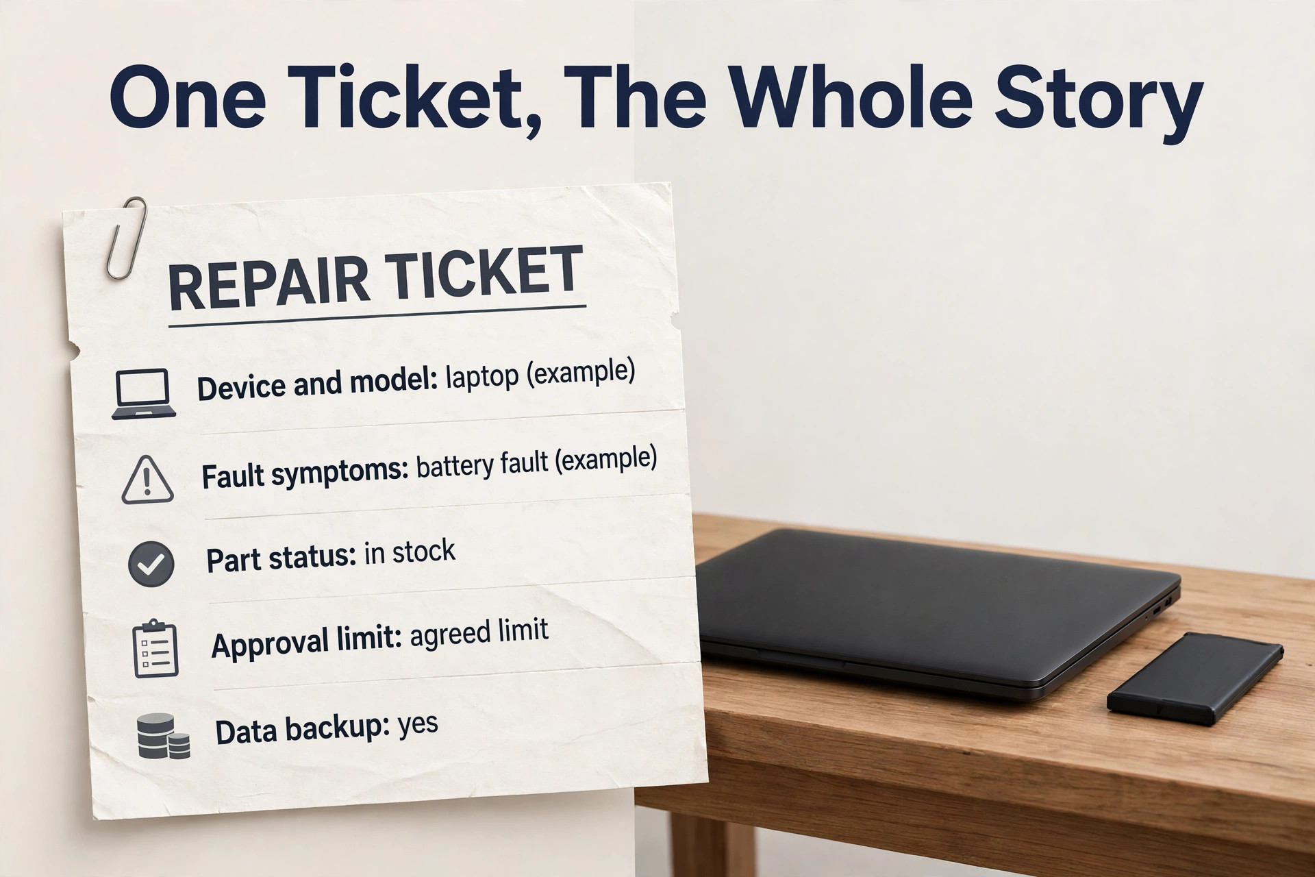 annotated visual for a repair ticket showing device fault and part status.