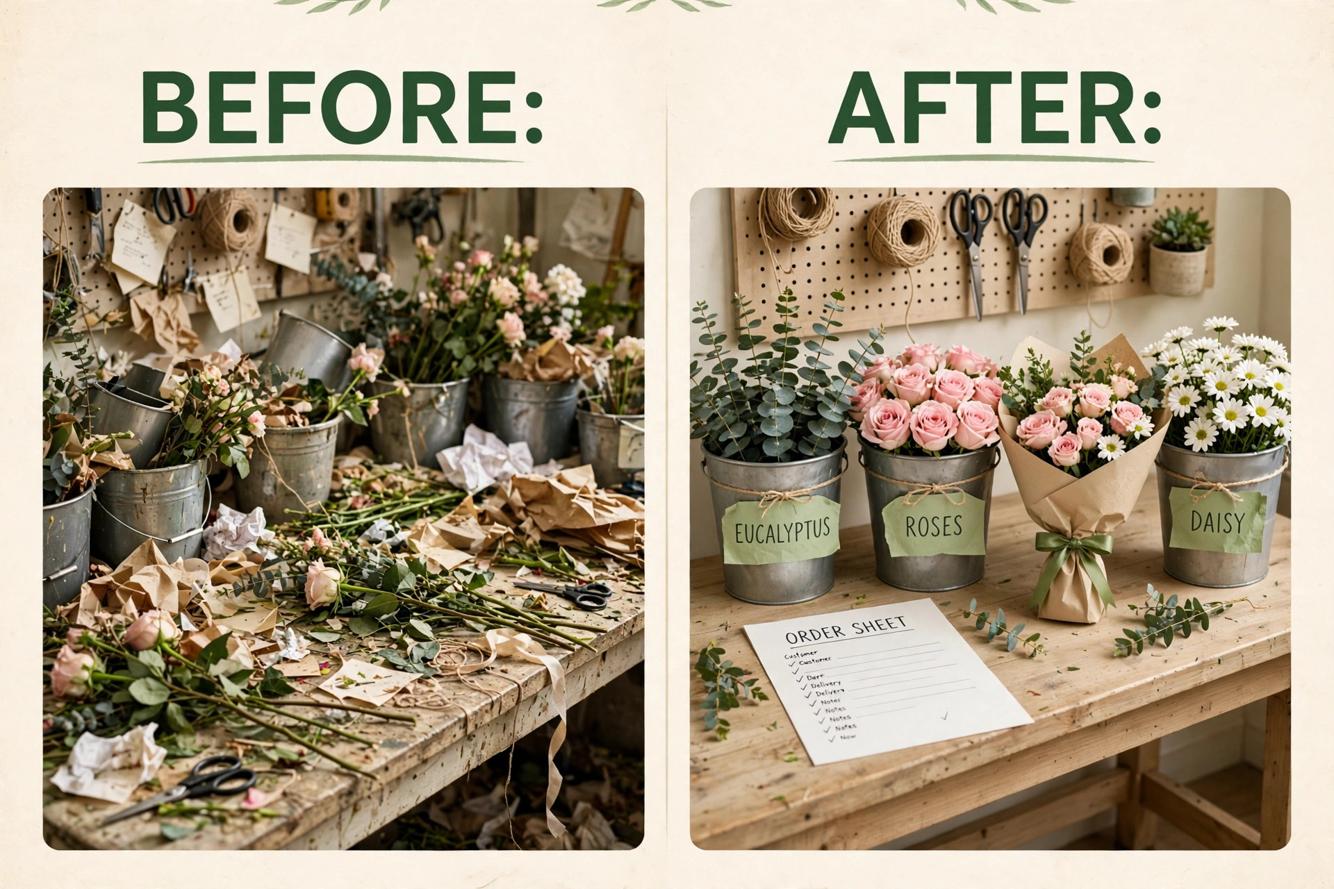 Before and after visual for a disorganised florist bench made orderly.