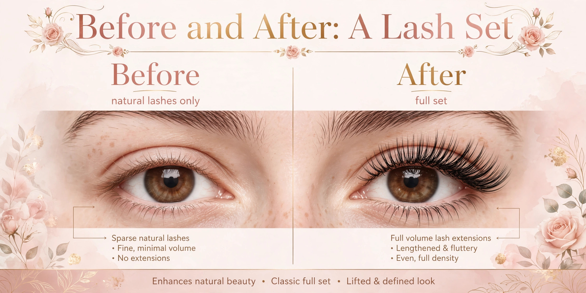 before and after visual for a lash set.