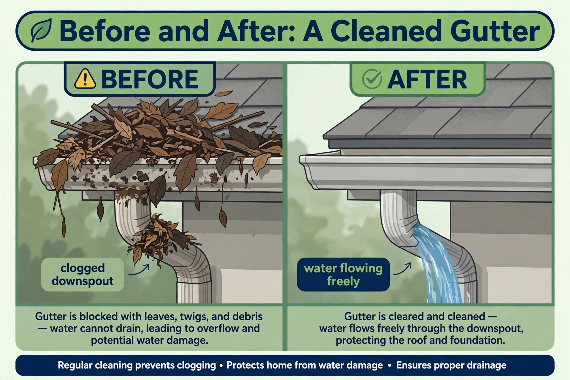 before and after visual for a cleaned gutter.