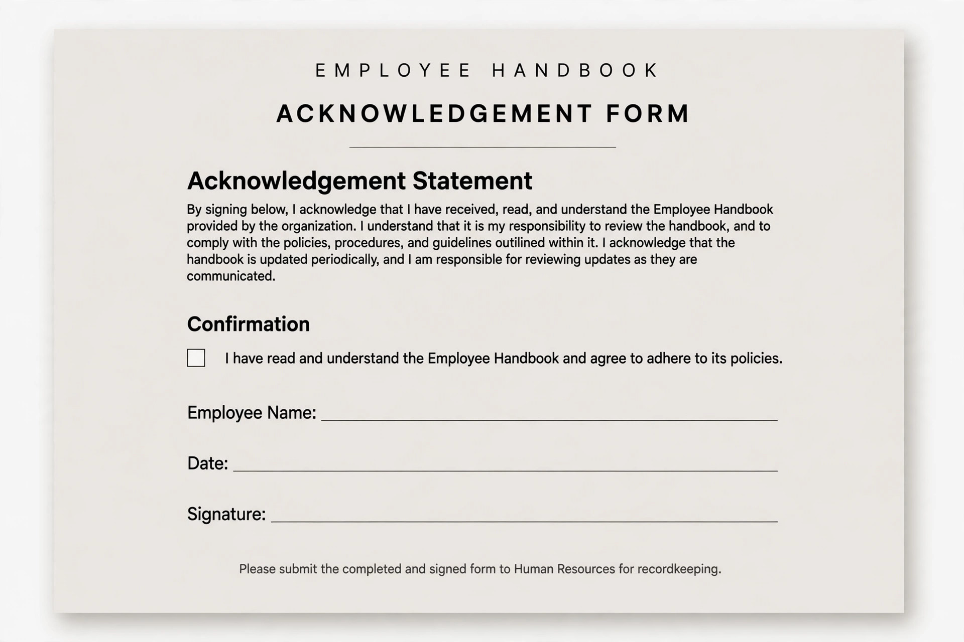 Mockup visual for a one page employee handbook acknowledgement form.