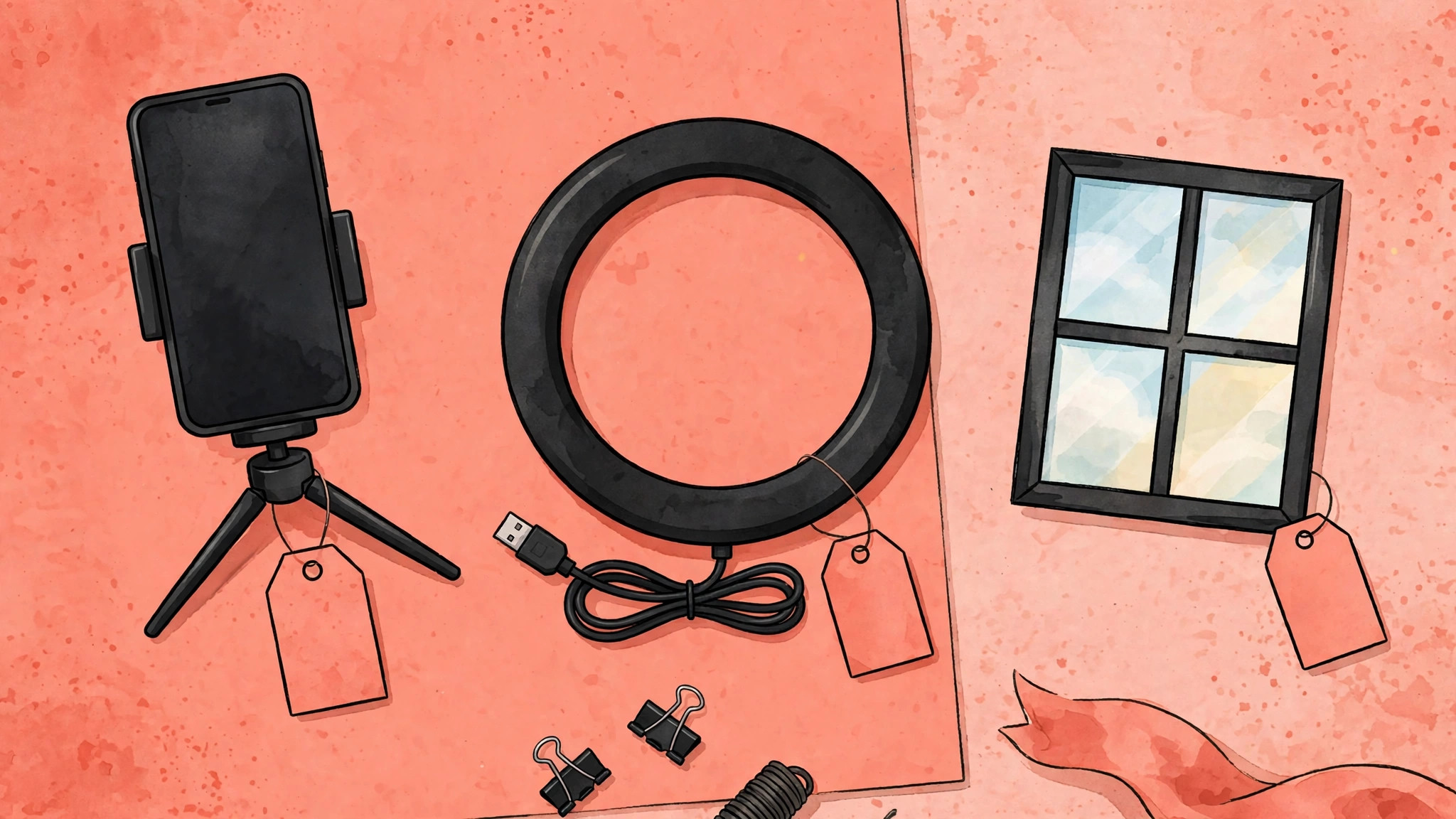 Flat lay of a phone on a tripod, a ring light, and a window, showing a low-cost demo kit without prices