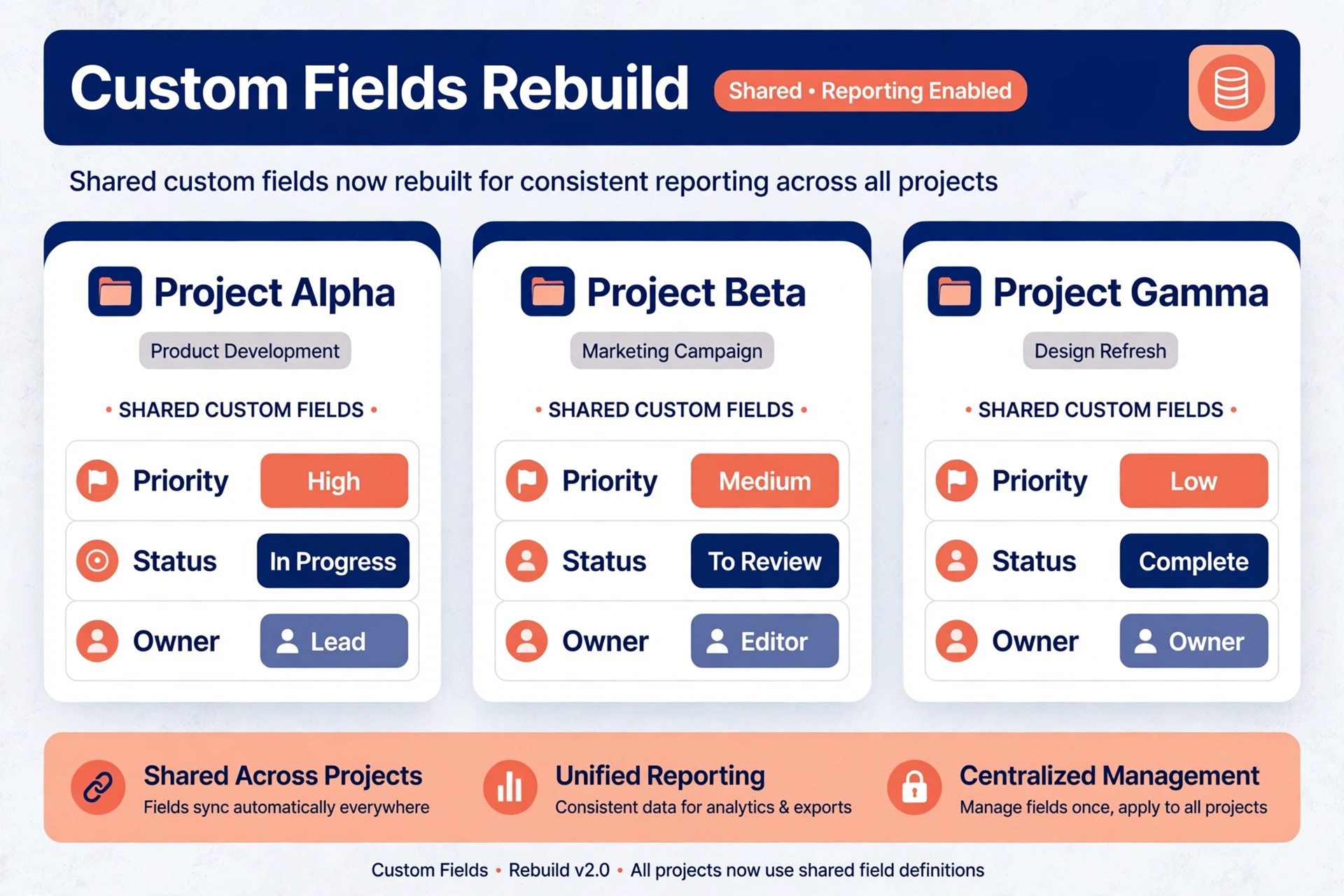 Shared custom fields rebuilt for reporting across Asana projects.