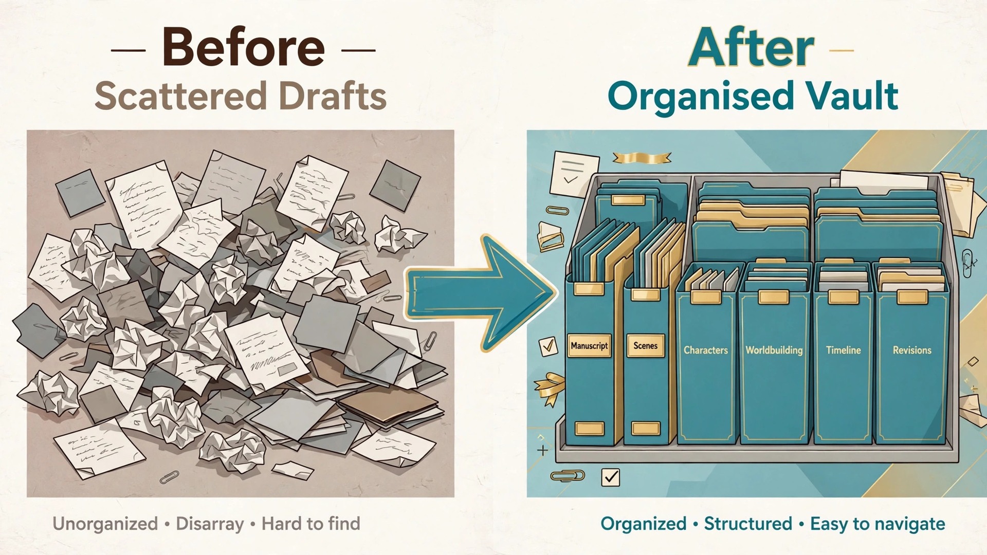 Before and after view of scattered draft files versus organised vault