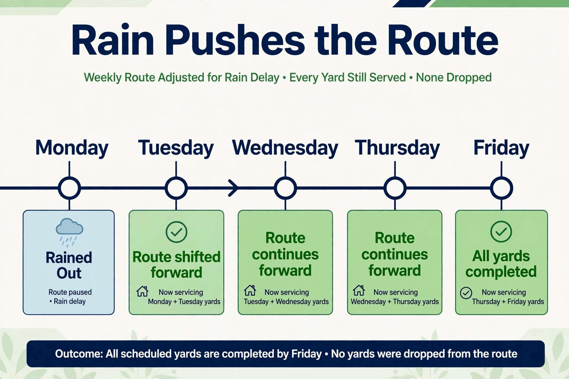 A timeline of a rain pushed lawn route.