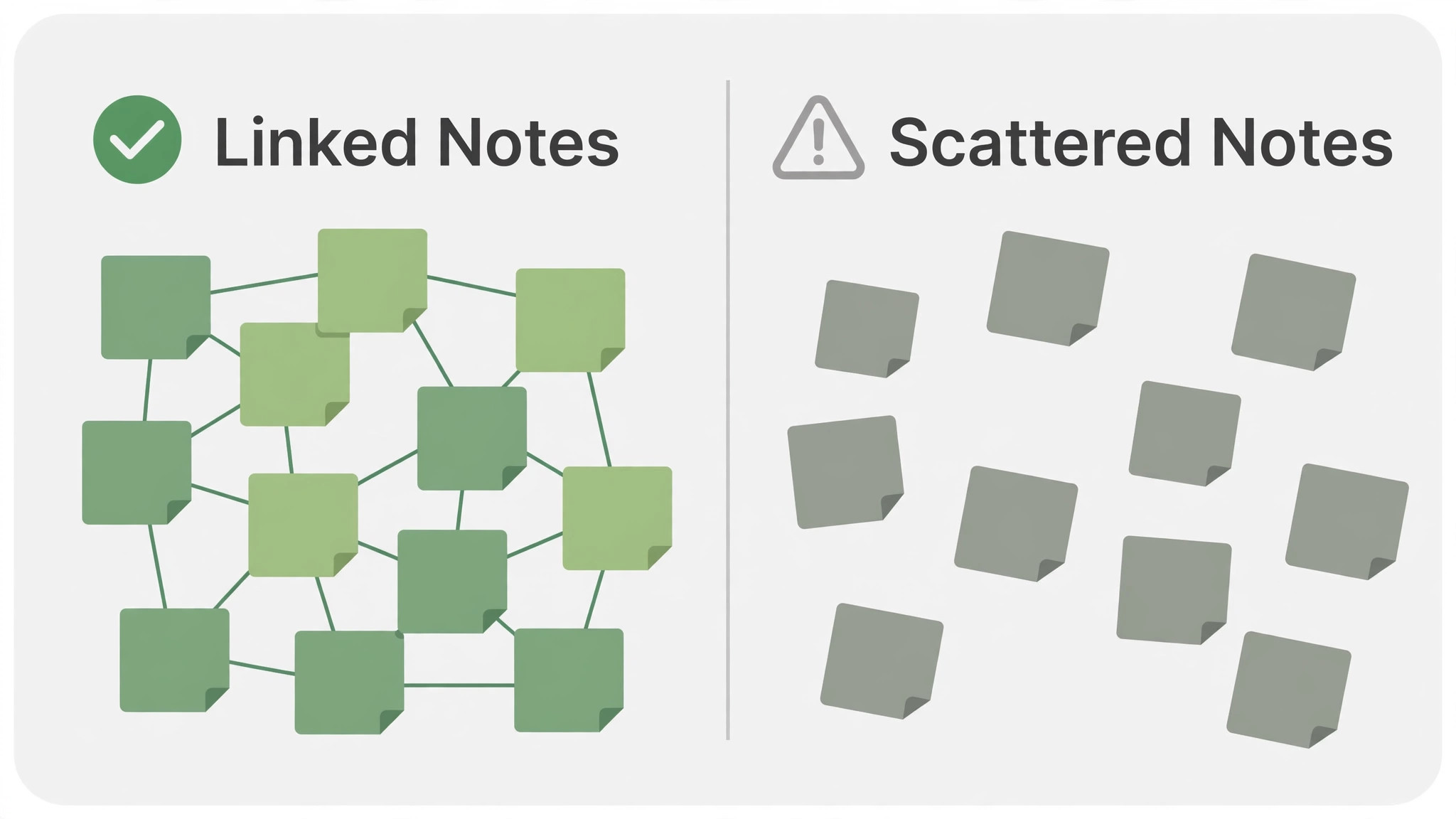 Linked notes web compared with scattered unconnected notes