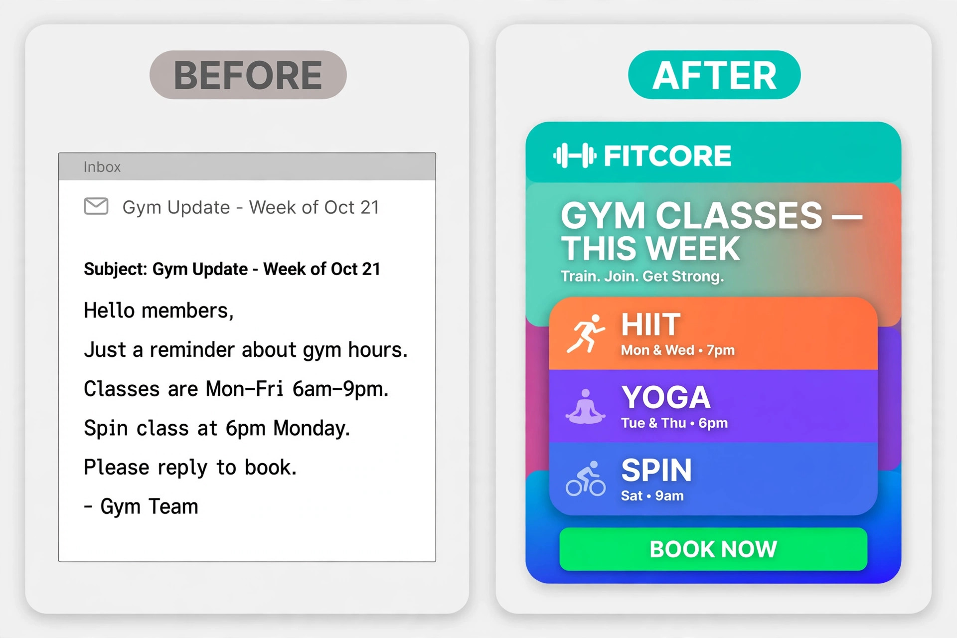 Before and after gym email comparison