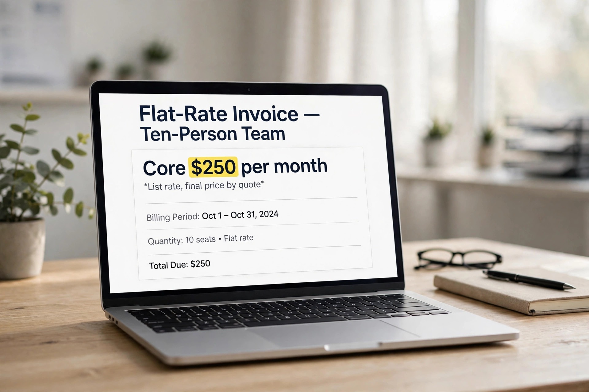 Mockup concept. A laptop showing a flat rate invoice for a ten person team with a highlighted floor figure