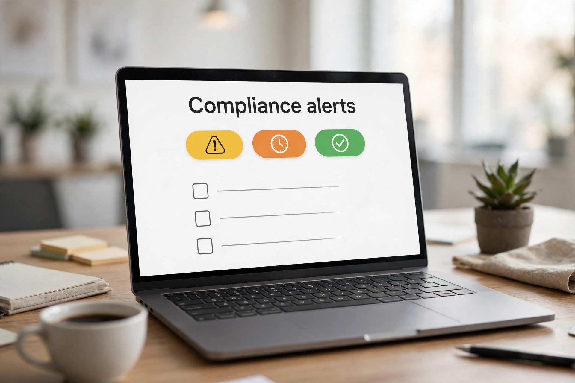 Mockup concept. A laptop showing an HR guidance panel with compliance alerts